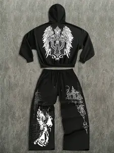 TikTok Trending Christian - Themed Streetwear Set, Black Cropped Long Sleeve Fitted Hoodie & Pants with Cross and Angel Graphic Print, Ideal for Edgy Faith - Inspired Outfits During TikTok Shop Black Friday Sales and Christmas  Gift Ideas