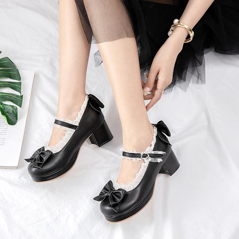 Women Kawaii Block Heel Mary Janes Pumps with Bow Platform Dress Pumps Chunky Heel Cute Lace Sweet Party Shoes for Girls Christmas gifts