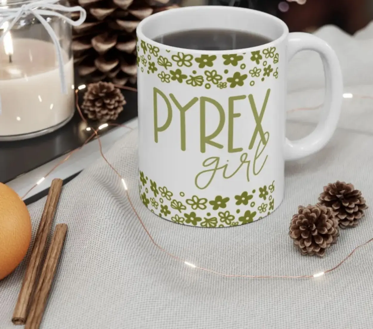 Vintage Pyrex Mug, Retro Coffee Cup with Pyrex Girl and Crazy Daisy Design, Gift for Pyrex Collector, Kitchen Decor, Tea Mug, Ceramic