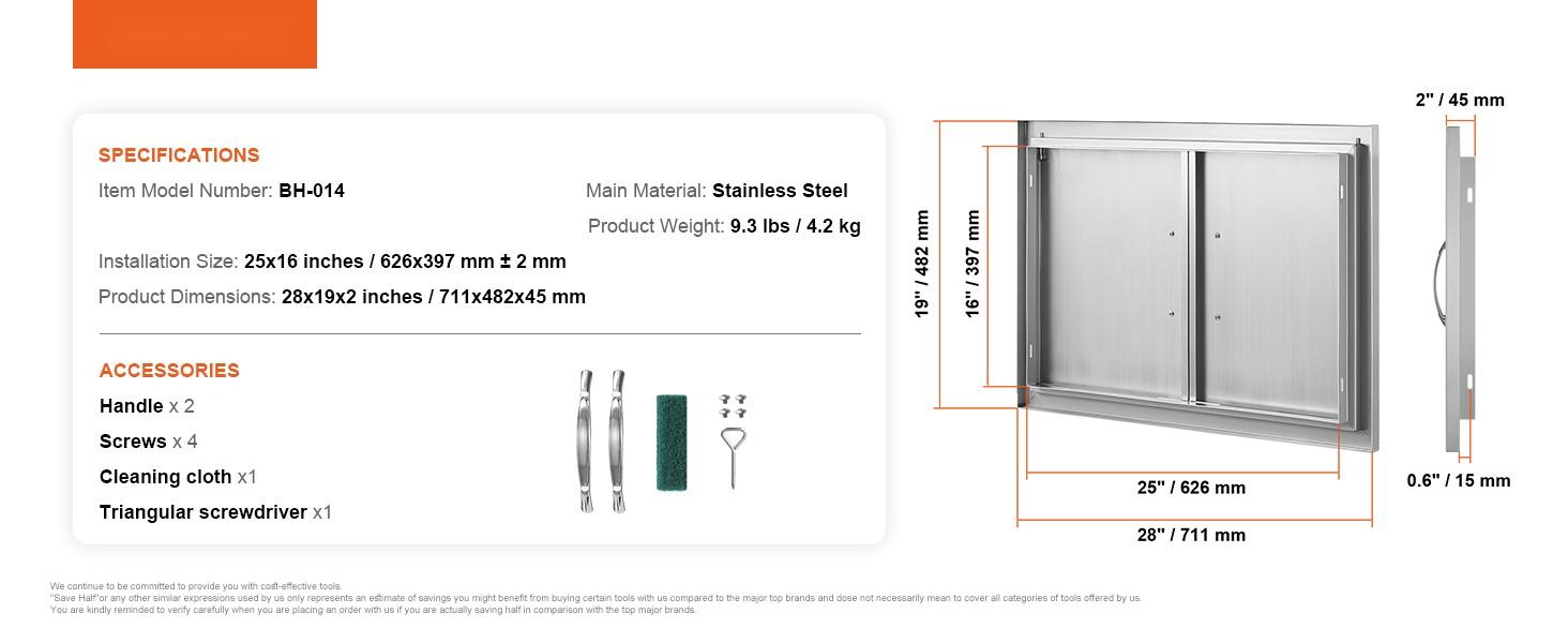 BBQ Access Door, 28W x 19H Inch, Double Outdoor Kitchen Door, Stainless Steel Flush Mount Wall Door with Handles, Suitable for BBQ Island, Grilling Station, Outdoor Cabinet and Island Enclosures, Weather Resistant