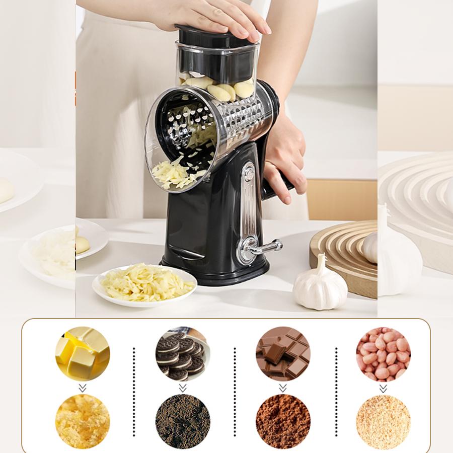 Rotary Cheese Grater with Handle 5 in 1 Vegetable Shredder with 5 Blades, Strong Suction Base, Round Mandoline Slicer & Blade Storage Box Kitchen Steel Stainless Utensils Curve Smooth