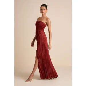Poised Performance Rust Red Plisse One-Shoulder Maxi Dress