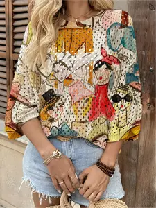 Spring and summer, round neck hollow-out loose bat with shoulder sleeves blouse, color matching characters printed ladies knit blouse, holiday style, casual and elegant commuting, women's vest blouse, bikini blouse, Bohemian holiday seaside blouse
