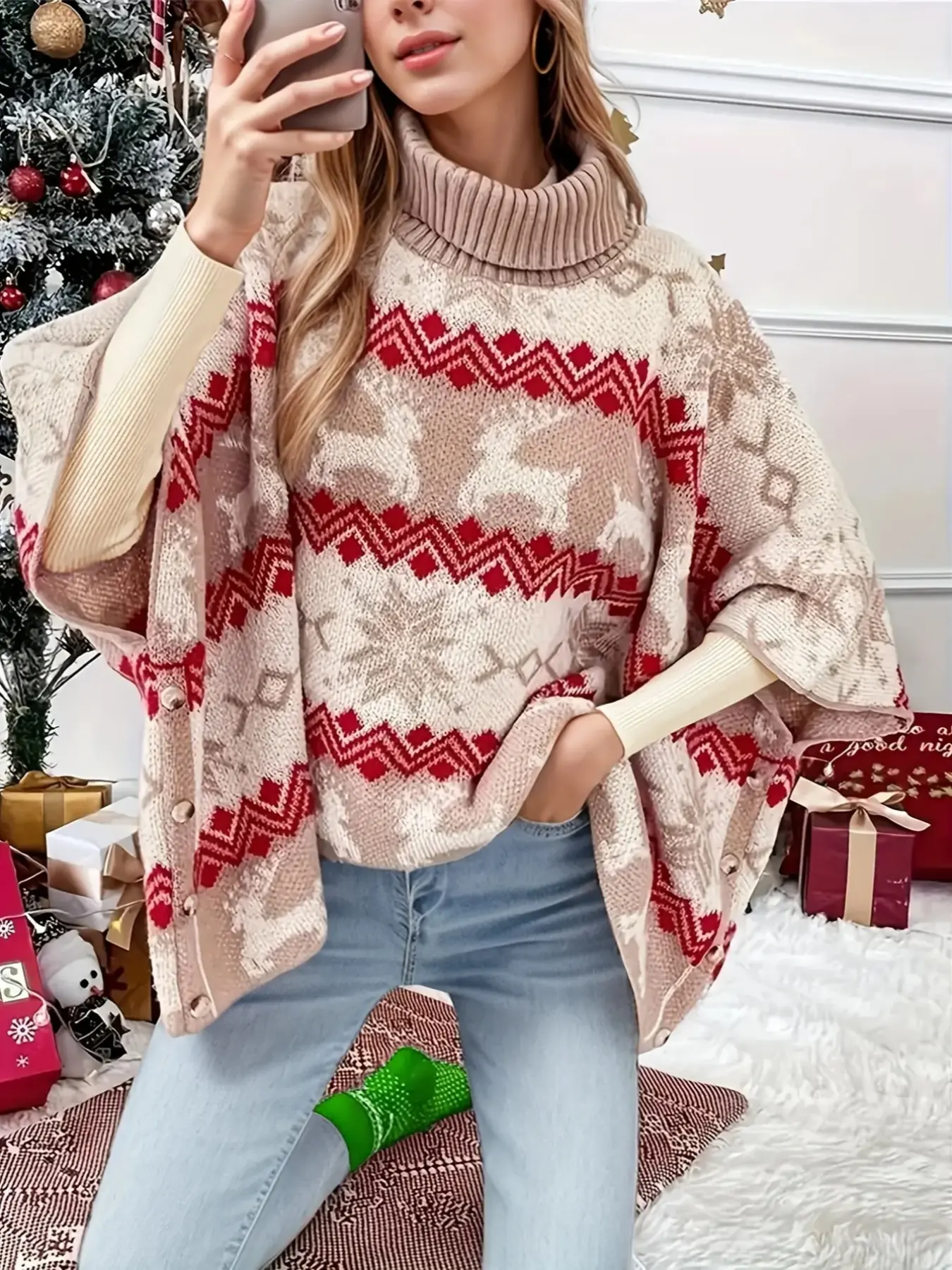Women's Reindeer Turtleneck Poncho Sweater, Casual Batwing Sleeve High Neck Pullover, Women's Knitwear Top for Holiday, Ugly Christmas Sweater Women