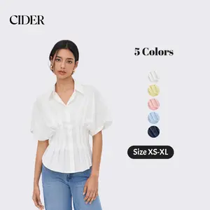 Cider Women's Cider Linen-Blend Blouse - Cute Shirts, Collar V-Neck, Pleated Short-Sleeve Casual Clothes Top Womenswear