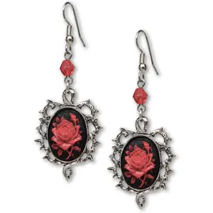 Gothic Red Rose Cameo Earrings Surrounded by Thorns with Red Bead