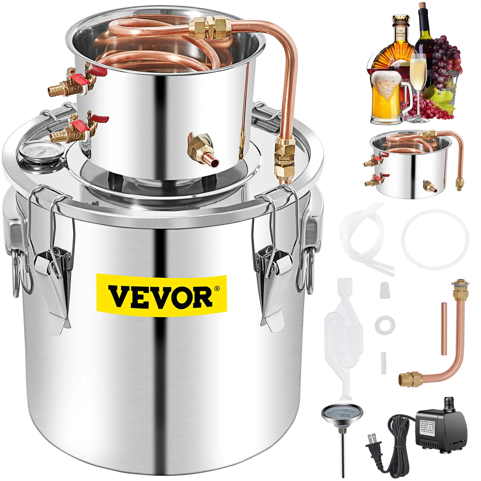 VEVOR Water Wine Still Max 13.2Gal/50L, Wine Distiller with Circulating Pump, Wine Still Copper Tube, Whiskey Distilling Kit with Build-In Thermometer