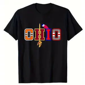 Men's Ohio State University Eagle Statue T-Shirt - Black Cotton Short Sleeve Crew Neck T-Shirt, Featuring a Striking "Ohio" Logo, Casual Style, Suitable for All Seasons, Machine Washable 200g Casual Short-Sleeve Men's T-Shirts Fun Shirts Comfort Wear