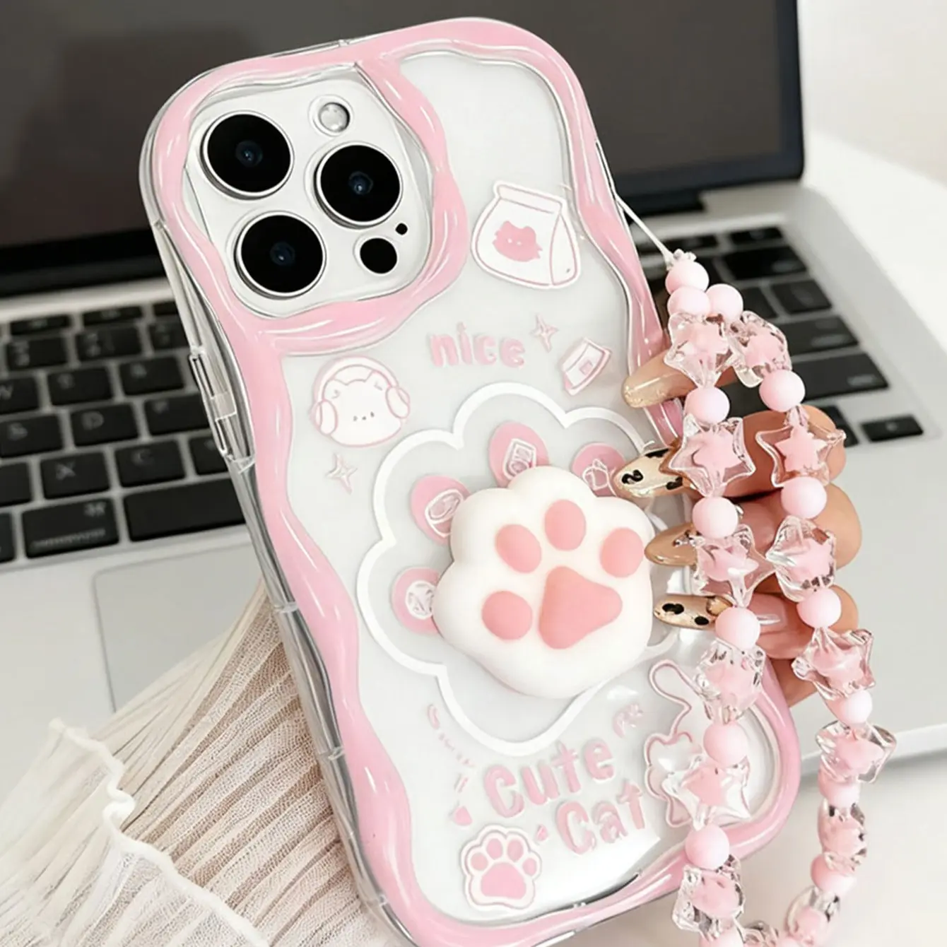 Cute Cat Bear Pattern Phone Case, 3D Cat Paw Design, Star Beaded Lanyard, Durable Protective Cover, Mobile Phone Accessories for iPhone 17/11/12/13/14/15/16/x/XR/11pro/12pro/13pro Smartphone