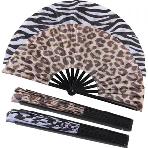 2 Pack Large Folding Clack Handheld Fan for Men Women, Summer Rave Fan for Disco Party Beach Dancing Gift with Leopard and Zebra Prints