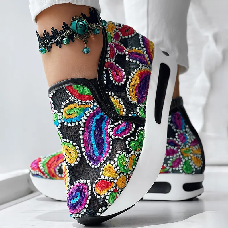 Floral Embroidery Sheer Mesh Sneakers with Braid Accent - Breathable & Comfortable Platform Design for Sunny Days