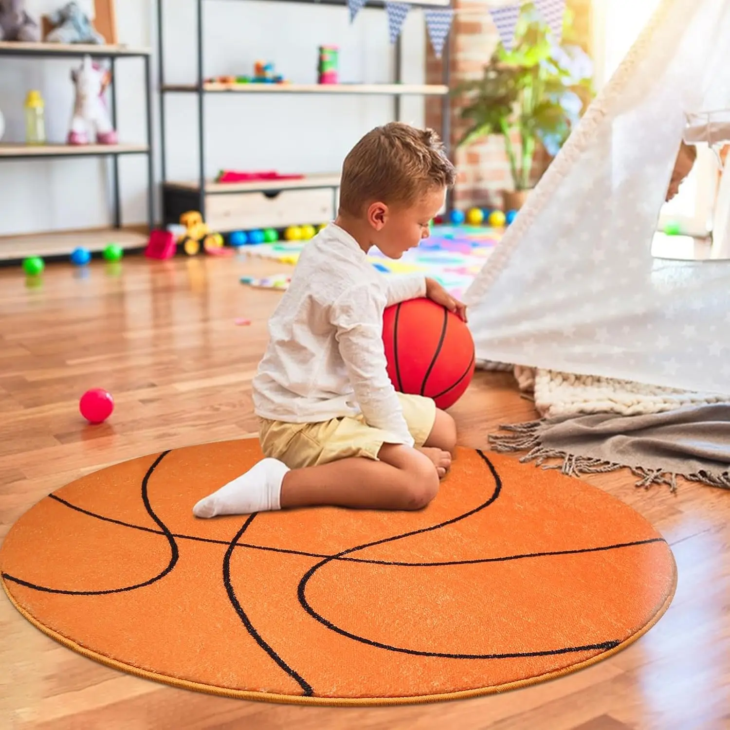 31.5 in Round Soft Durable Sports Theme Non-Slip Basketball Bath Mat - 100% Polyester, No Fabric Shedding, Indoor Use for Bathroom,Kid Room, Home Decor (Home & Bathroom Supplies), Bathroom/Bedroom
