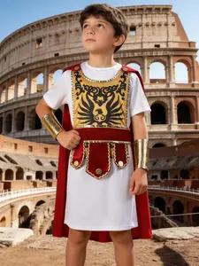 Roman Warrior Costume Set, Includes Short Robe, Cape, Belt, Wrist Guards, Armor with Eagle Emblem, Velvet Waistband