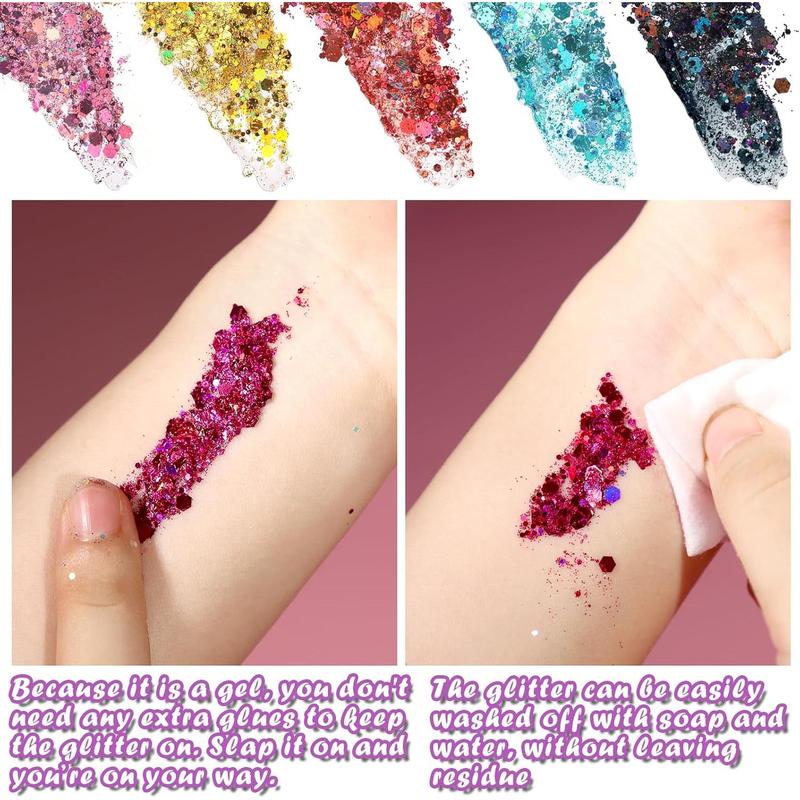 Body Glitter Face Glitter Makeup Festival Glitter, Body Glitter Gel, Hair Glitter Gel, 6 Shapes Rave Glitter, Mermaid Sequins Makeup Glitters Face Paint, Chunky Sparkling Glitter Gel for Women