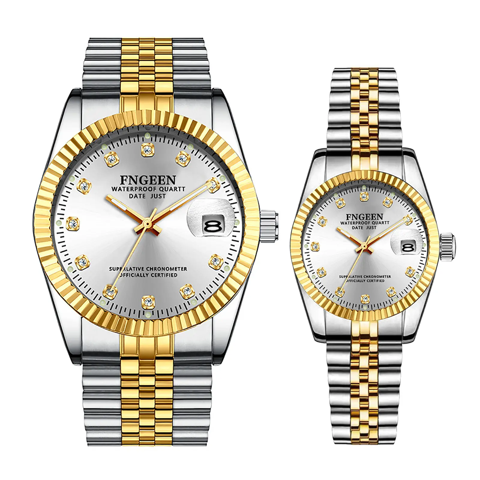 OIDEA Fashion Couple Watches - Stainless Steel Strap, Japanese Quartz Movement, Analog Timepieces with Rhinestone Scale Dial, Magnifying Glass Calendar Display, 3 ATM Waterproof, Luminous Dress Design for Men's & Women's Use