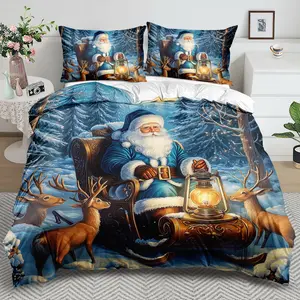 2/3 piece blue Santa Claus bedding set, Christmas reindeer quilt set, Christmas pine forest quilt cover, bedroom decoration, guest room 2D Christmas gift graphic printing, Decorative bedding set (including 1 quilt cover + 1/2 coreless pillowcases)