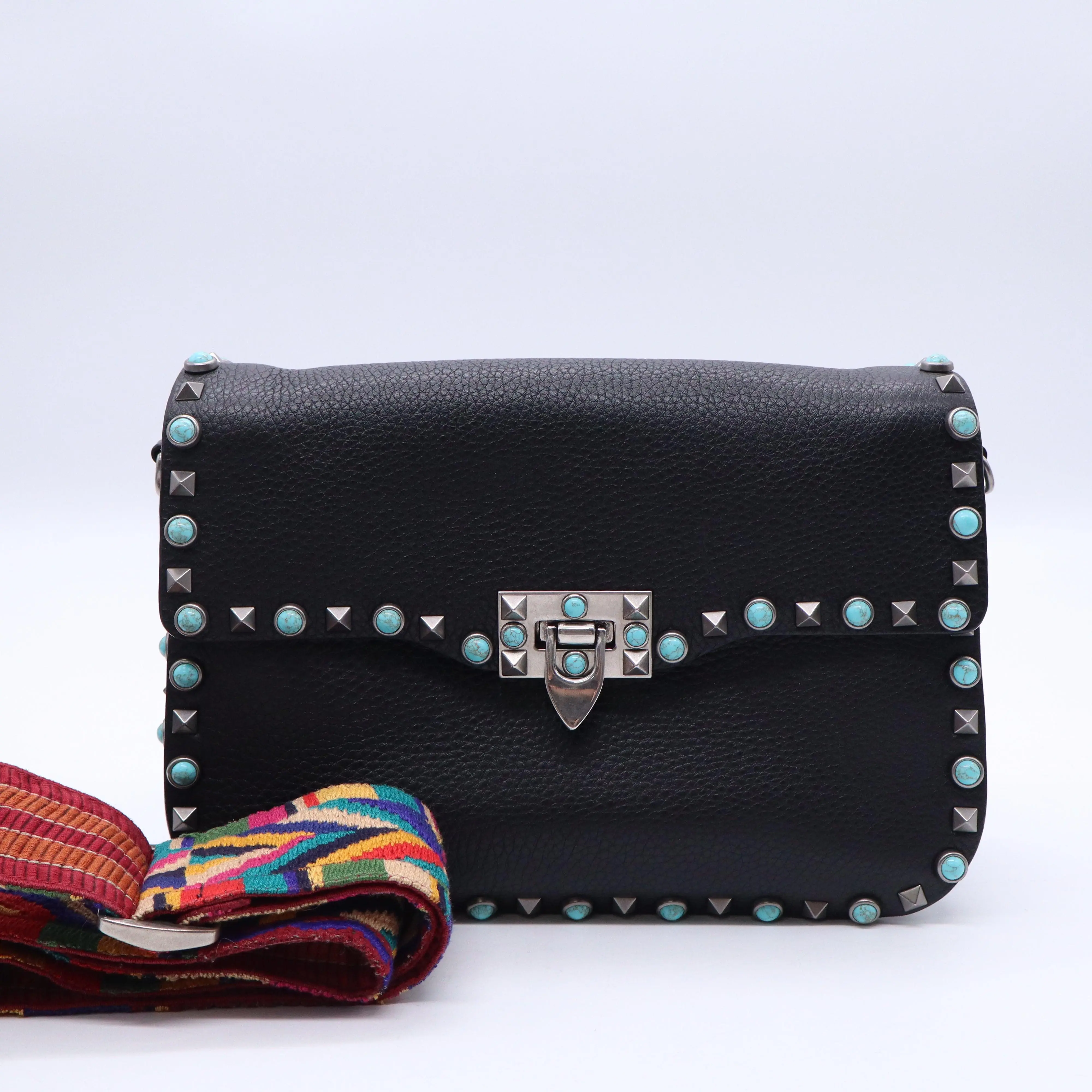 Pre-owned Valentino Leather Shoulder Bags Rolling Rockstud Crossbody Bag with Cabochons Medium B21381