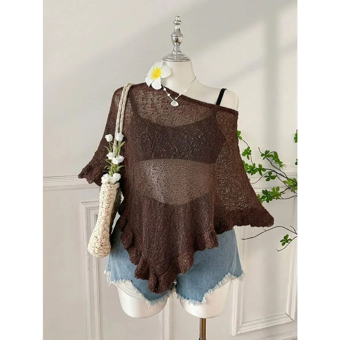 Plus Size Women's Casual Crochet Poncho, Ruffled Hem, Semi-Sheer, Suitable For Outings And Dates