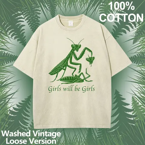 Men's Vintage Washed 100% Soft Cotton Oversized Casual Graphic Tee - Unisex Baggy Loose Round Neck Short Sleeve Trendy Graphic Shirt, "Girls Will Be Girls" Print, Retro Streetwear Fabric T-Shirt