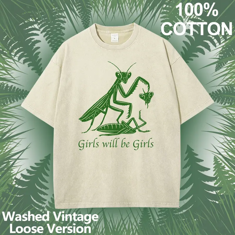 Men's Vintage Washed 100% Soft Cotton Oversized Casual Graphic Tee - Unisex Baggy Loose Round Neck Short Sleeve Trendy Graphic Shirt, "Girls Will Be Girls" Print, Retro Streetwear Fabric T-Shirt