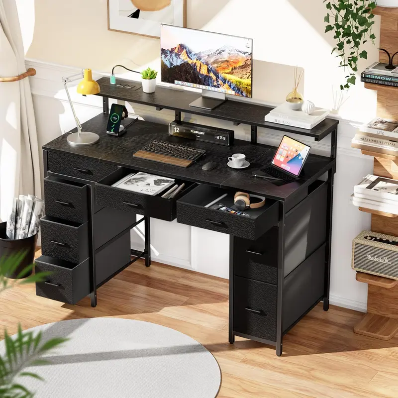 Ecofurnix 47-in Thick Wood Oval Home Office Gaming Desk - 47" Size Office Furniture with LED Lights, USB Outlets, 8 Drawers, Monitor Shelf, Desk for Bedroom, Bedroom Work Zone WFH Setup Upgrade