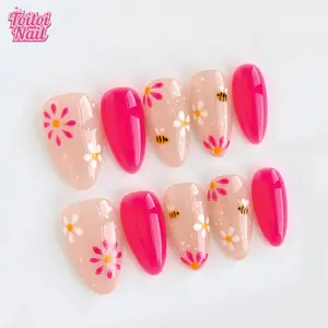 Daisy Bee Handmade Press-On Nails, Short Almond Shape, 10pcs, Fresh Spring Daisy Bee Design, Flower Design Nails, Sheer Nude Base & Hand Drawn Daisy & Bee Accents, Reusable Nail Set for Women, Trendy Nails for Spring, Summer & Daily Wear