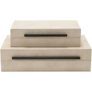Set of 2 Ivory Shagreen Decorative Boxes With Black Metal Handles, Faux Leather Jewelry Boxes Modern Storage Boxes Photo Boxes Memory Boxes Home Organizer Box(Ivory), 14.2x8.6x3.5cm