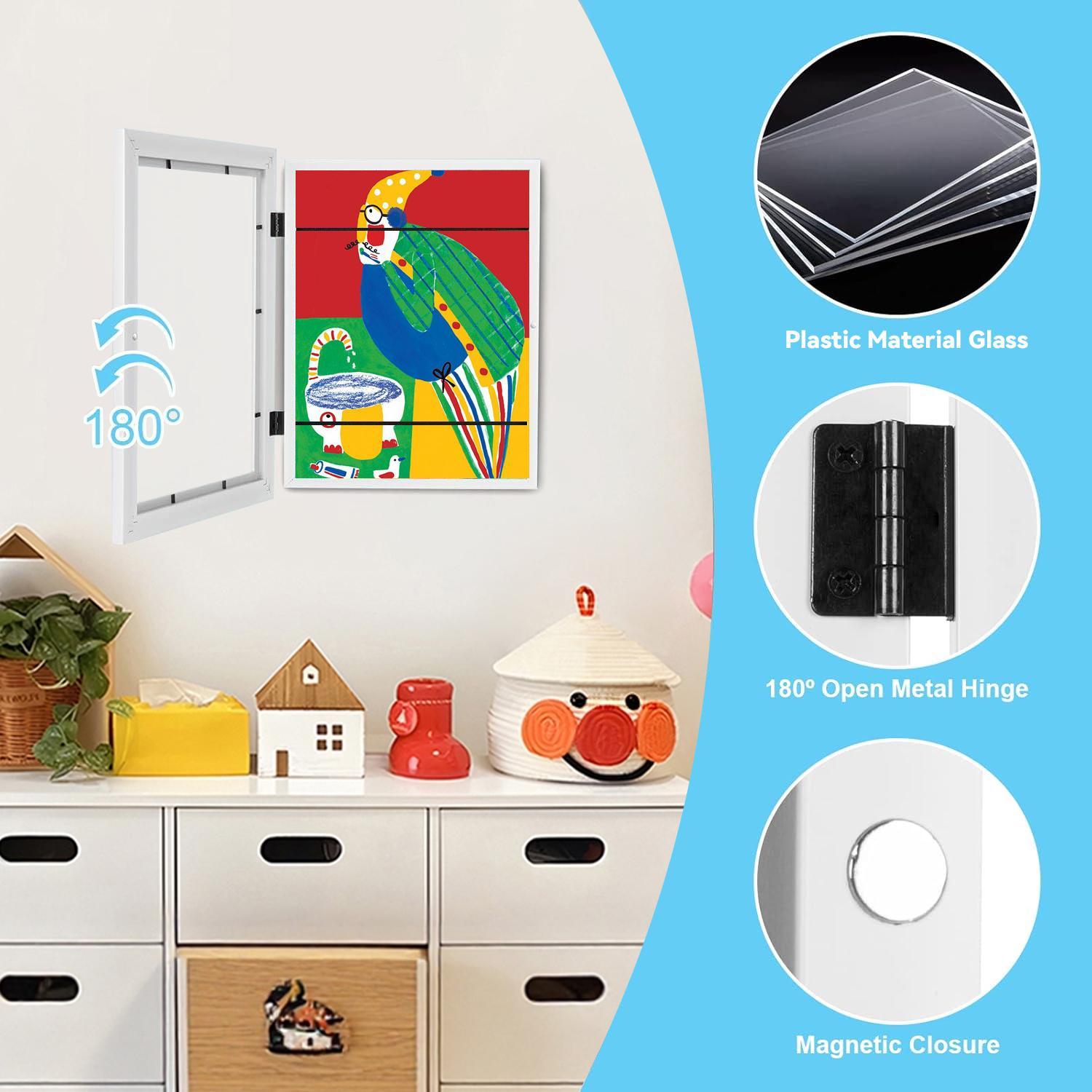 2 PCS Kids Artwork Frame Changeable (Black) - Magnetic Door Holds 100 Art Pieces - 8.5x11 Letter Size Display with Mat or 10x12.5 Without Mat