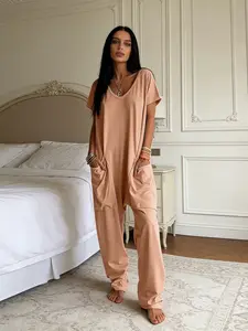 Wine Coral Wide Leg Jumpsuit, Short Sleeve Loose Fit, Large Pockets, Casual Home Wear, Comfortable and Stylish Women