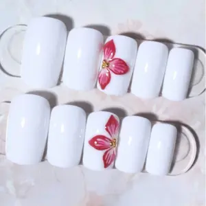 10Pcs Short Square 3D Flower Gel Nail Makes  Decorate Design White Acrylic Press On Nails Perfect Fit False Nails Kit,  Easy To Wear Summer Nails And White Nails For Woman Girl Daily Work Wear Party Use Nail Supplies