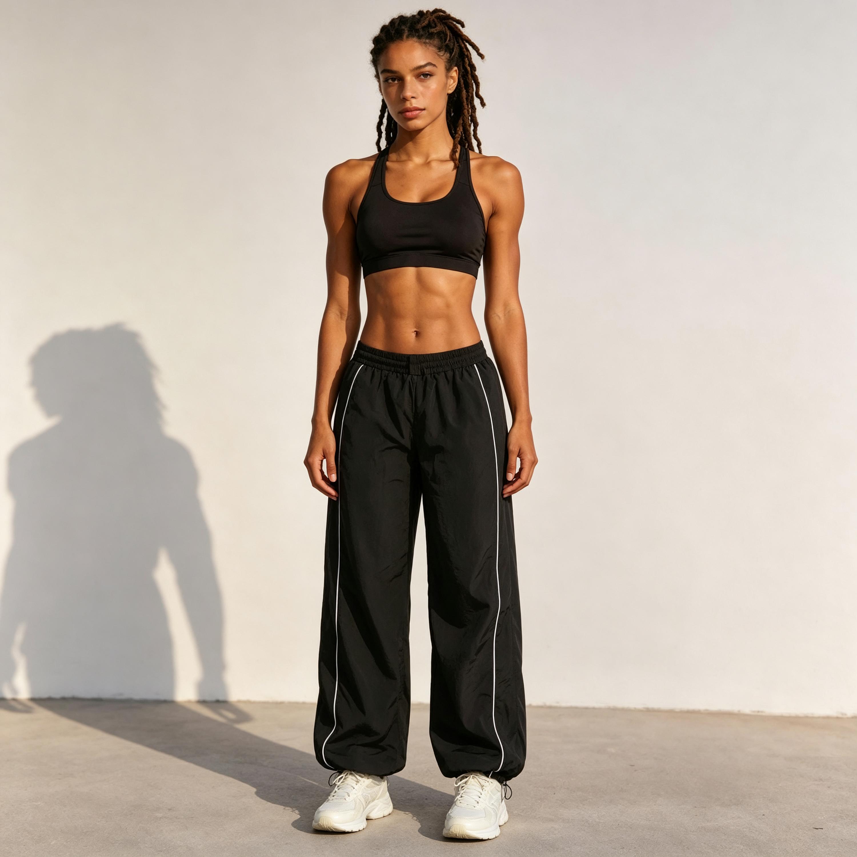 Women’s 2-Pack High-Waisted Parachute Track Pants - Polyester, Side Stripes, Elastic Waist, Drawstring Cuffs, Loose-Fit Windbreaker Joggers, Sporty Chic All-Season Casual Streetwear Athletic Bottoms, Polyester Pants, Casual Wear daily wear pant