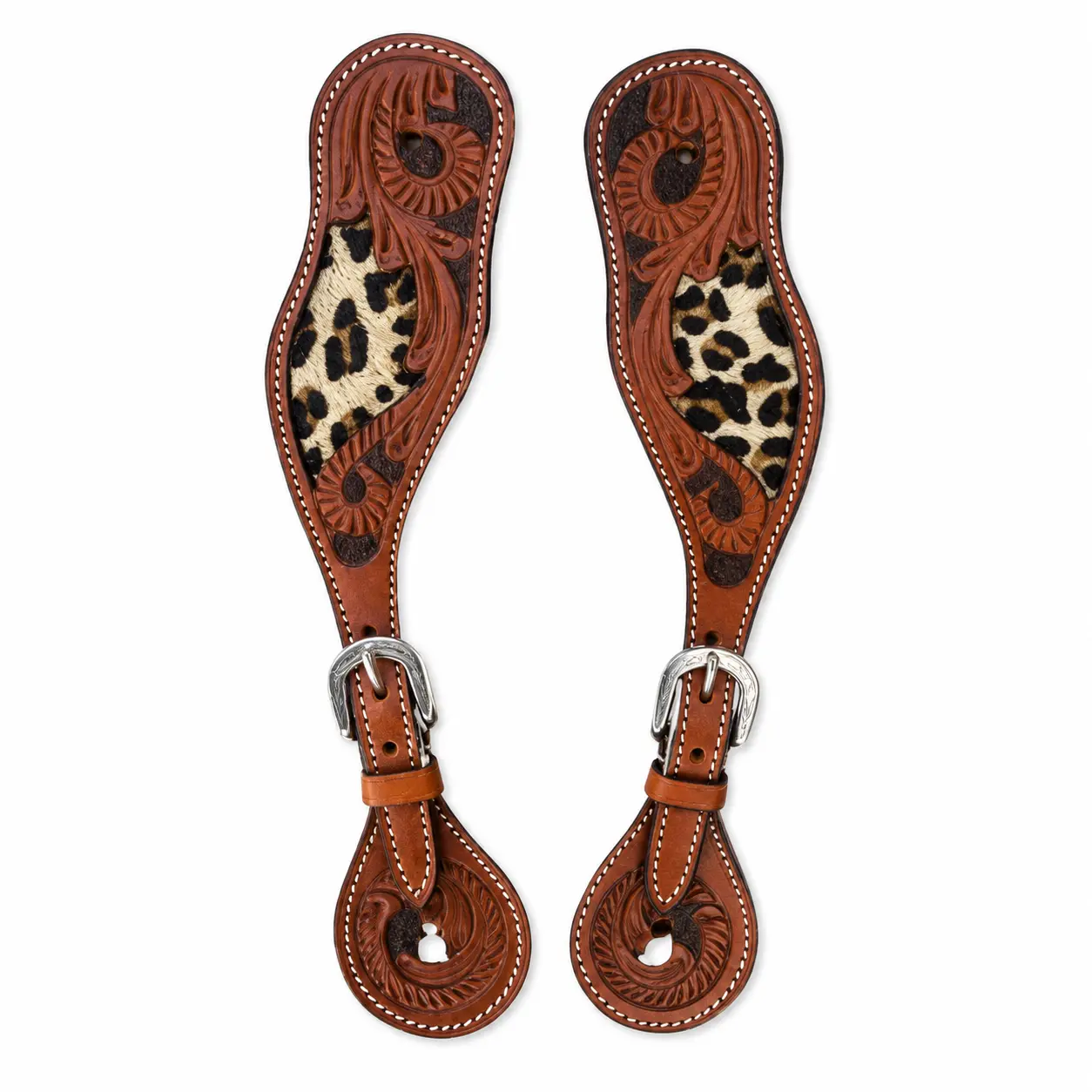 Women's Western Genuine Leather Equestrian Tack Spur Straps - Detailed Floral Tooling, Leopard-Pattern Hair on Hide Inlay, Silver-Tone Buckle, Smooth Edge Stitching, Durable, Adjustable Fit for Ranch Work & Everyday Riding