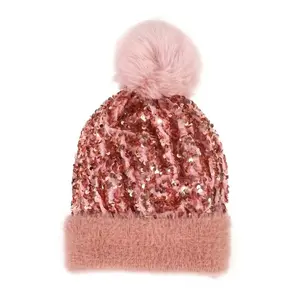 Sequin Glam Pom Beanie: pink