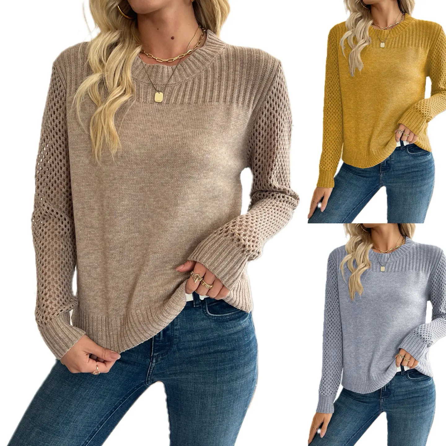 Women's Casual Round Neck Plain Knit Pullover - Openwork Long Sleeves, Soft Ribbed Relaxed Fit, Pull-On Design, Do Not Bleach Knitwear Top, Crew Neck, Basic Pullover, Mid-Weight Knit, Medium Length