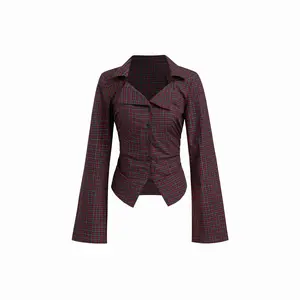 Cider 100% Cotton Collar Tartan Ruched Bell Sleeve Shirt