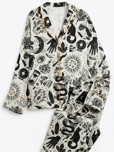 Women’s Witchy Black And White Long Satin Pajama Set Halloween Cat Print Button Up Sleepwear Soft Luxury Loungewear Cute Christmas Gift for Her Latin Fabric Comfortable Loungewear