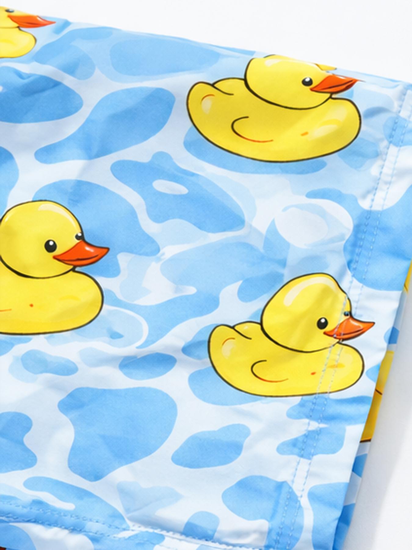 Swim Shorts for Men Funny Duck Print Drawstring Beach Trunks Cartoon Bathing Suit Novelty Board Shorts Mid Length Pool Party Vacation Beachwear Playful Resort Swimwear Casual Holiday Outfit