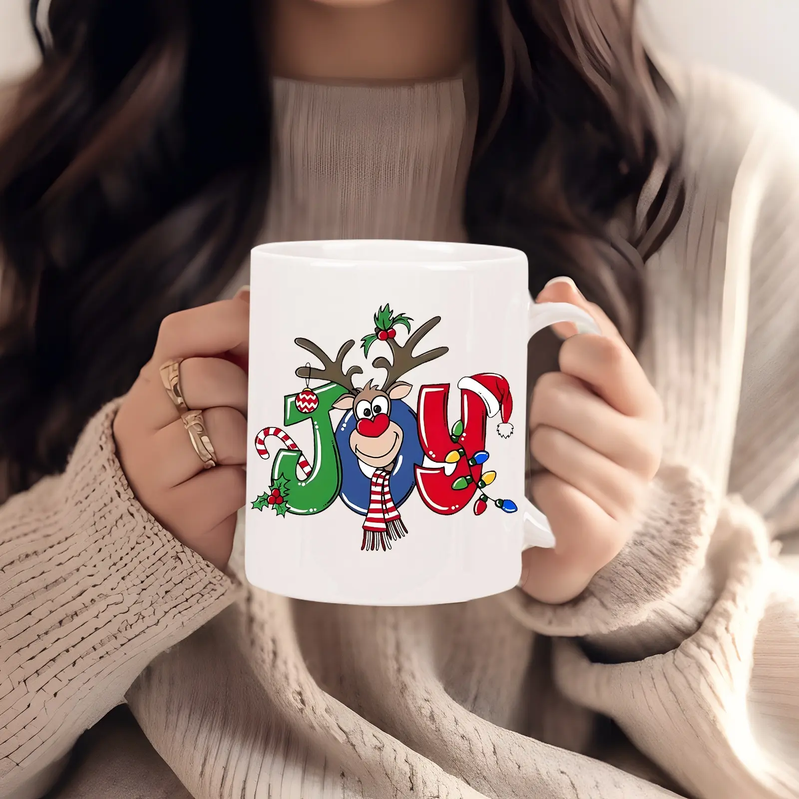 1pc 11oz Festive Reindeer & "JOY" Christmas Ceramic Mug – Rustic Holiday Coffee Cup with Santa Hat & Candy Canes, Perfect for Daily Use or as a Unique Gift for All Ages, No Assembly Required, Best for Christmas Drinkware Tumbler