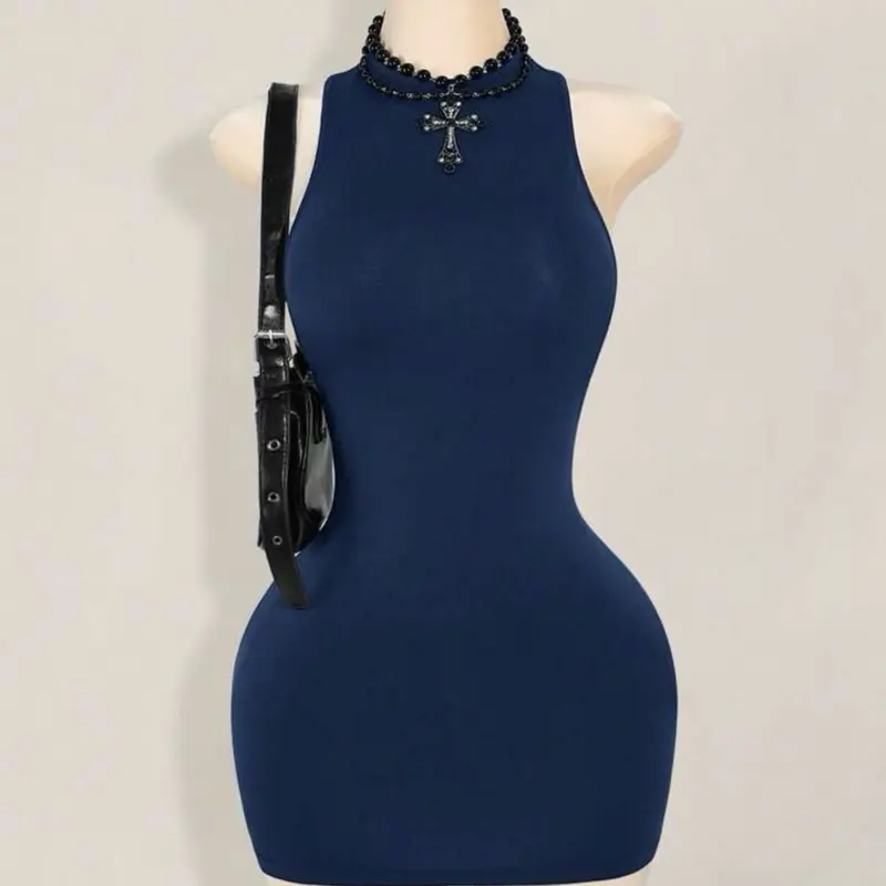 Icon Solid Color Criss-Cross Backless Sexy Casual Mini Dress for Outings -  Black Womenswear Summer Bodycon Basic Minimalist Sleeveless - TikTok Shop