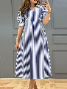ZANZEA Women's Casual Dress, Womenswear, Notched Neckline, Bubble Sleeves, Pleated Stripes, Floral Print, V-Neck Design, Perfect for Daily Wear