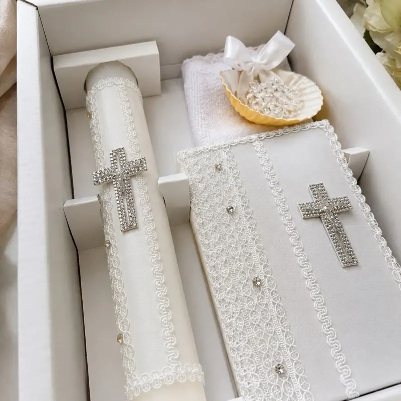 5pcs Traditional Baptism Candle Set - Festive Party Supplies with Rosary, New Testament, Decorative Elements in White Box for Boys & Girls (English & Spanish)