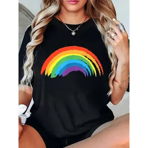 Women's Black Rainbow Graphic T-Shirt, Colorful Brushstroke Rainbow Design, Casual Pride Month Fashion & Everyday Casual Tee