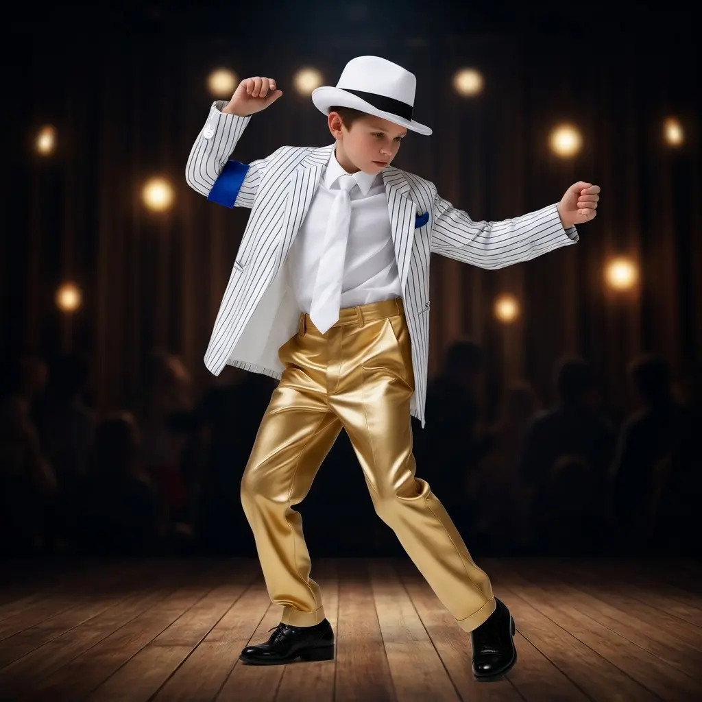 Boys 80s Gangster Costume Set, Kids White Pinstripe Blazer & Metallic Gold Pants 4-Piece Outfit with Fedora Hat & Tie, Retro Smooth Criminal Style Halloween Cosplay Suit for Stage Performance & Theme Party