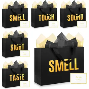 5 Senses  Bags for Him Her,12.6"x8.7"x4" Five Senses  Bags With Labels,Ribbon Handle,Tissue Paper,Greeting Card,for Birthday,Wedding (Black, 12.6 x 8.7 x 4 Inch)