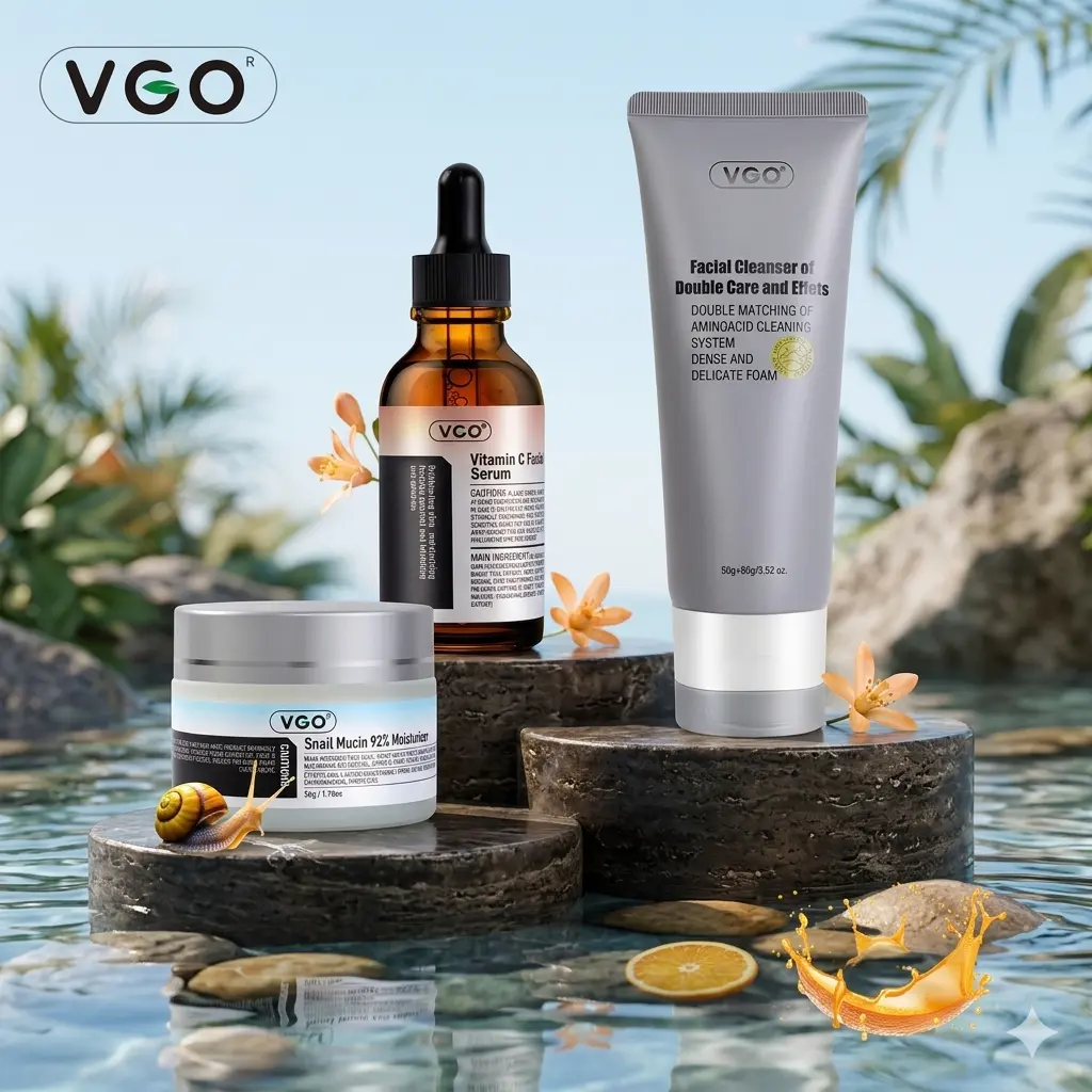 VGO 3-Step Facial Cleansing Trio Kit - Gentle Foam Cleanser, Vitamin C/E Serum, Snail Mucin Gel Moisturizer for Smooth, Lightweight Moisture, Unisex Daily Skincare Routine