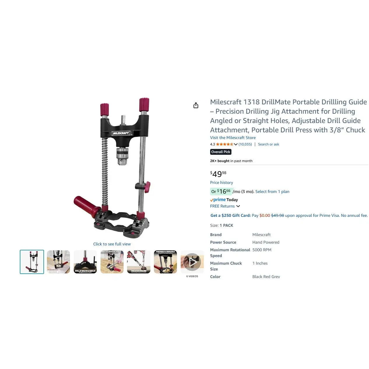 Milescraft 1318 DrillMate Portable Adjustable 3/8-Inch Chuck Drill Guide Attachment - Key-Included Chuck, 45°-90° Angle Control, Hand Drill Accessory for Do-It-Yourselfers, DIY Projects, Woodworking Tools