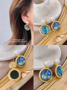 Copper Plated 24k Real Gold Oyster Pearl Earrings, Vintage Rainbow Aesthetic High-End Ear Studs, Elegant Freshwater Pearl Jewelry