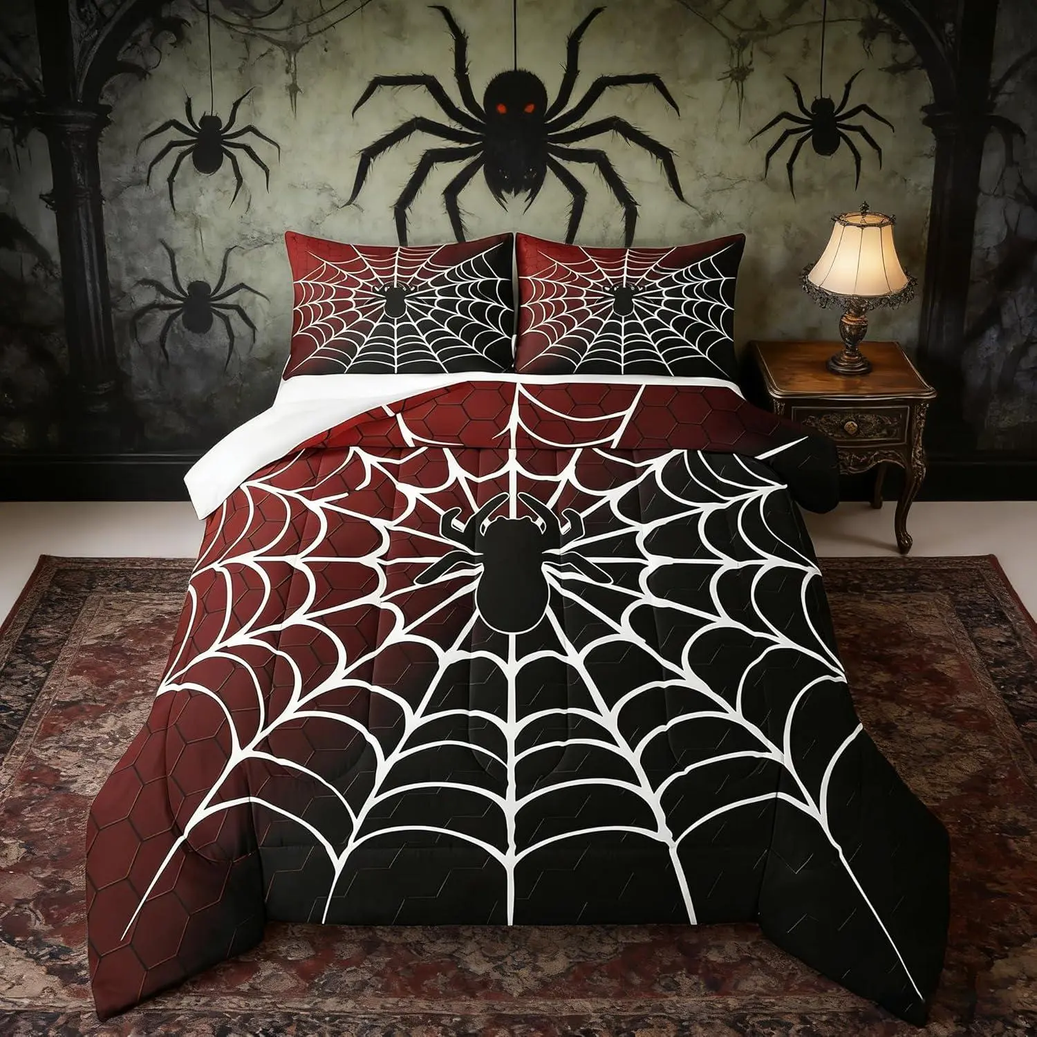 Feelyou Burgundy and Black Halloween Themed Comforter Set - White Spider Web Print, Lightweight Warmth Duvet Insert, Set Includes Bedding for Kids Bedrooms Decor