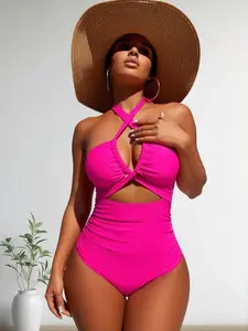 Crisscross Halter Cutout One-Piece Swimsuit - Tummy Control Ruched Bathing Suit in Neon Pink/Orange