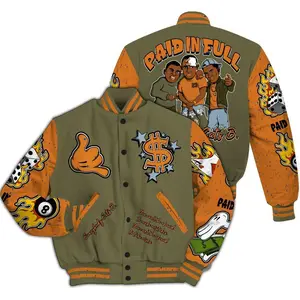 Olive 5s Sneaker Match Varsity Jacket, Everybody Paid In Full Graphic, All Over Print Urban Basketball Streetwear, Bold Bomber